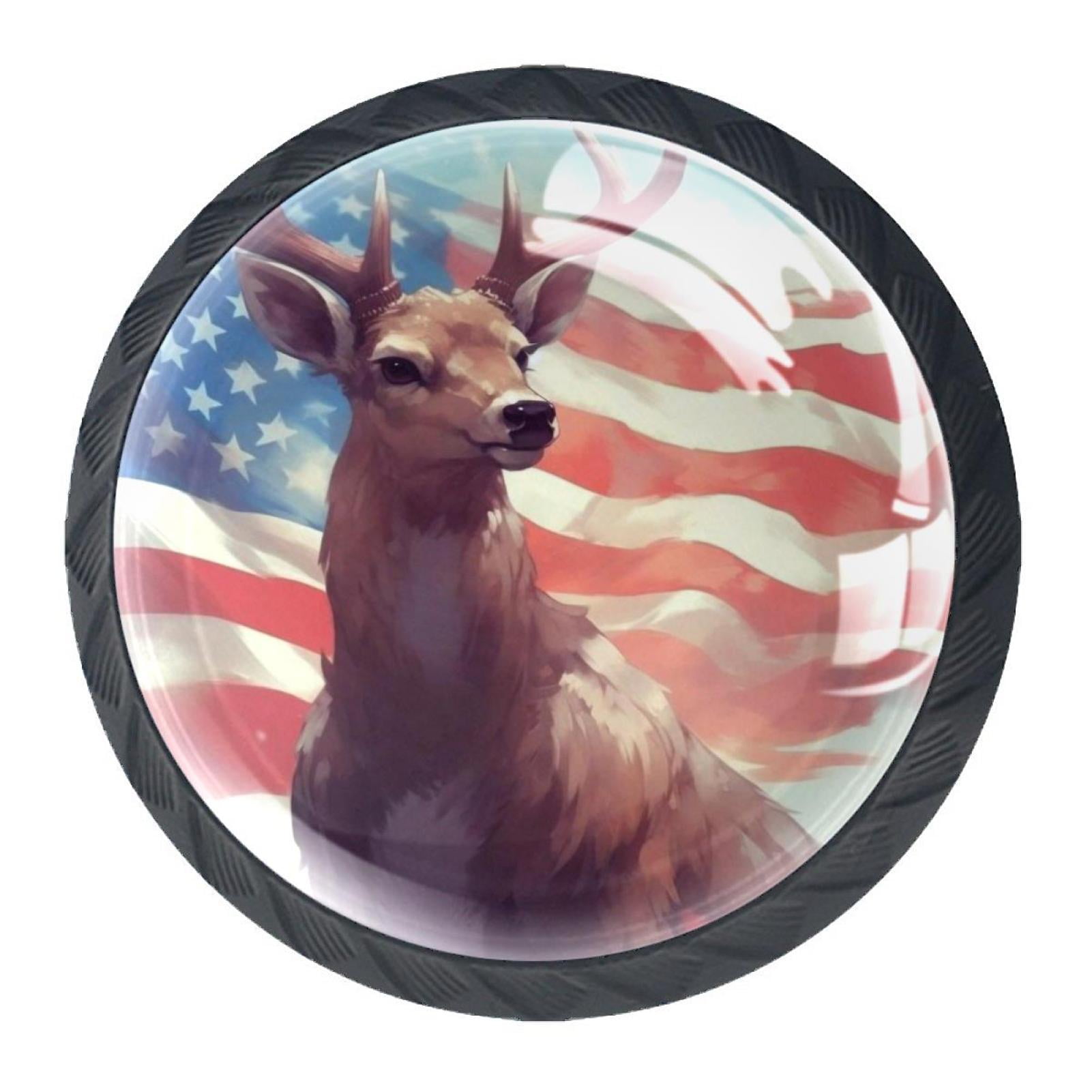 4 Pcs Deer and American Flag Knobs for Kitchen Cabinet Cupboard Dresser Bookcase Drawer Pulls Handles Round Home Decor