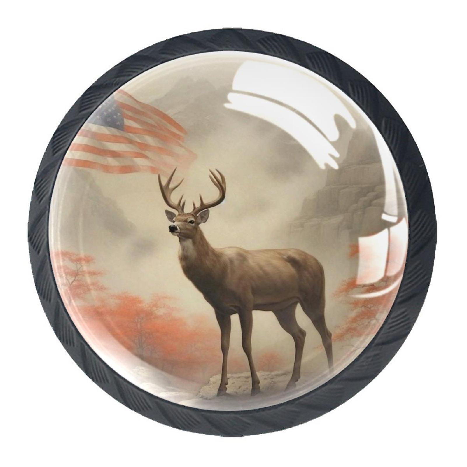 4 Pcs Deer and American Flag Knobs for Kitchen Cabinet Cupboard Dresser Bookcase Drawer Pulls Handles Round Home Decor