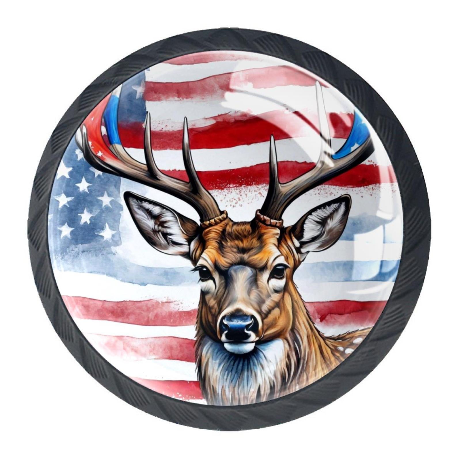 4 Pcs Deer and American Flag Knobs for Kitchen Cabinet Cupboard Dresser Bookcase Drawer Pulls Handles Round Home Decor