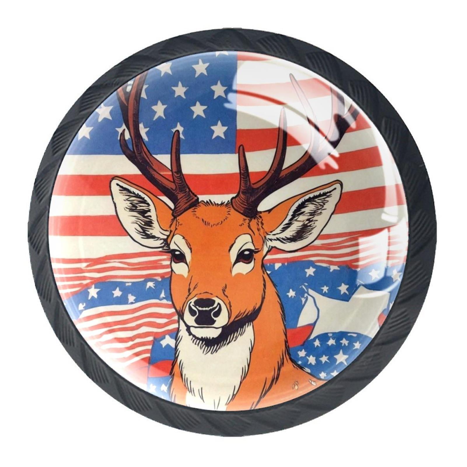 4 Pcs Deer and American Flag Knobs for Kitchen Cabinet Cupboard Dresser Bookcase Drawer Pulls Handles Round Home Decor