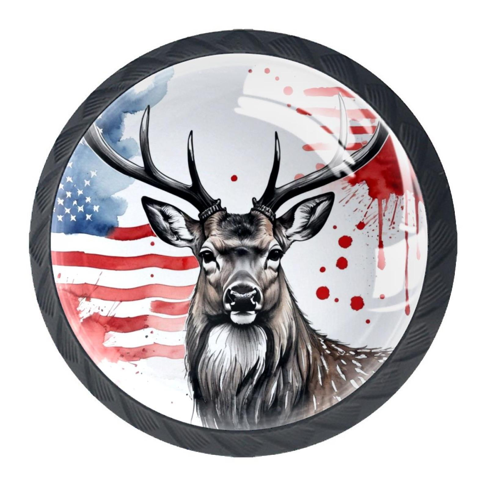 4 Pcs Deer and American Flag Knobs for Kitchen Cabinet Cupboard Dresser Bookcase Drawer Pulls Handles Round Home Decor