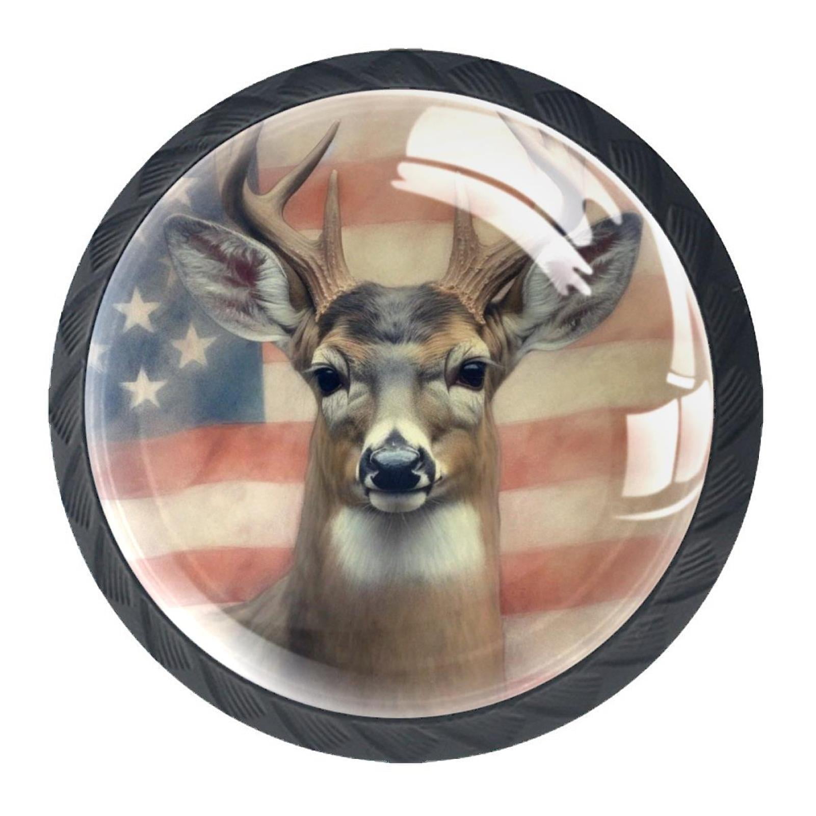 4 Pcs Deer and American Flag Knobs for Kitchen Cabinet Cupboard Dresser Bookcase Drawer Pulls Handles Round Home Decor