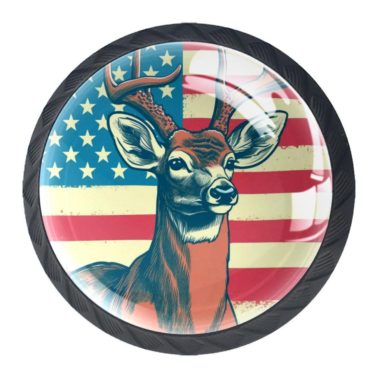 4 Pcs Deer and American Flag Knobs for Kitchen Cabinet Cupboard Dresser Bookcase Drawer Pulls Handles Round Home Decor