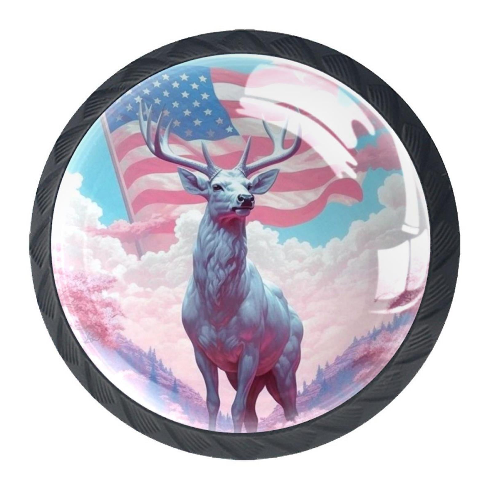 4 Pcs Deer and American Flag Knobs for Kitchen Cabinet Cupboard Dresser Bookcase Drawer Pulls Handles Round Home Decor