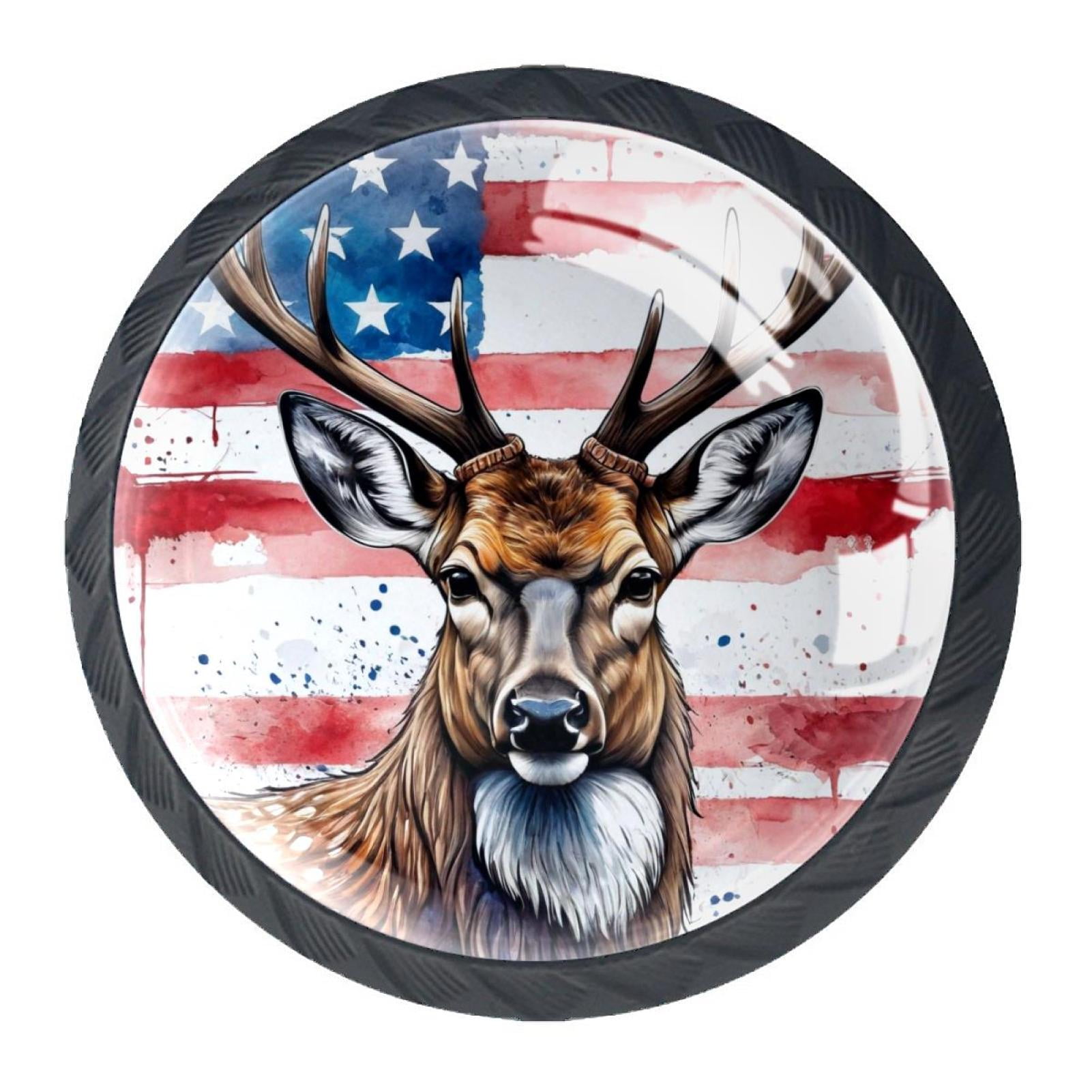 4 Pcs Deer and American Flag Knobs for Kitchen Cabinet Cupboard Dresser Bookcase Drawer Pulls Handles Round Home Decor