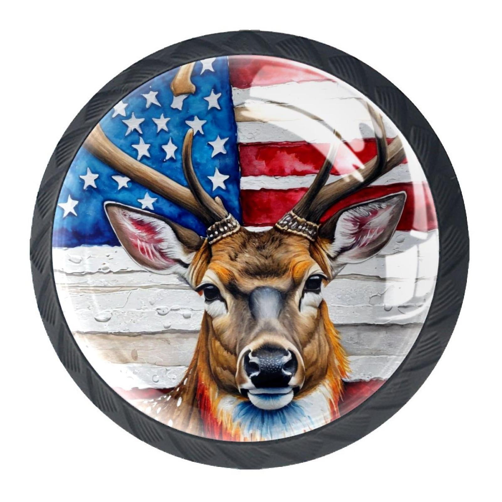 4 Pcs Deer and American Flag Knobs for Kitchen Cabinet Cupboard Dresser Bookcase Drawer Pulls Handles Round Home Decor