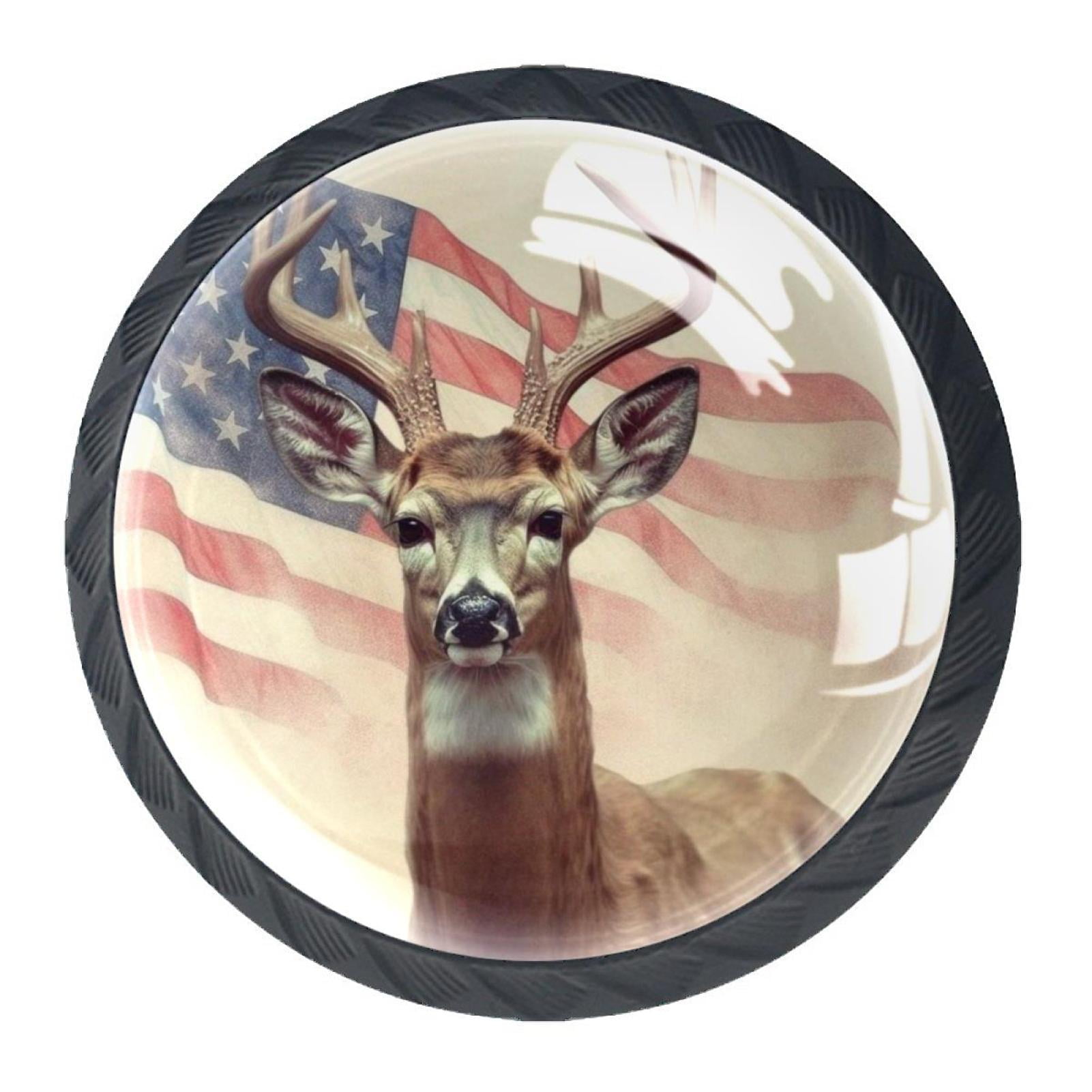 4 Pcs Deer and American Flag Knobs for Kitchen Cabinet Cupboard Dresser Bookcase Drawer Pulls Handles Round Home Decor