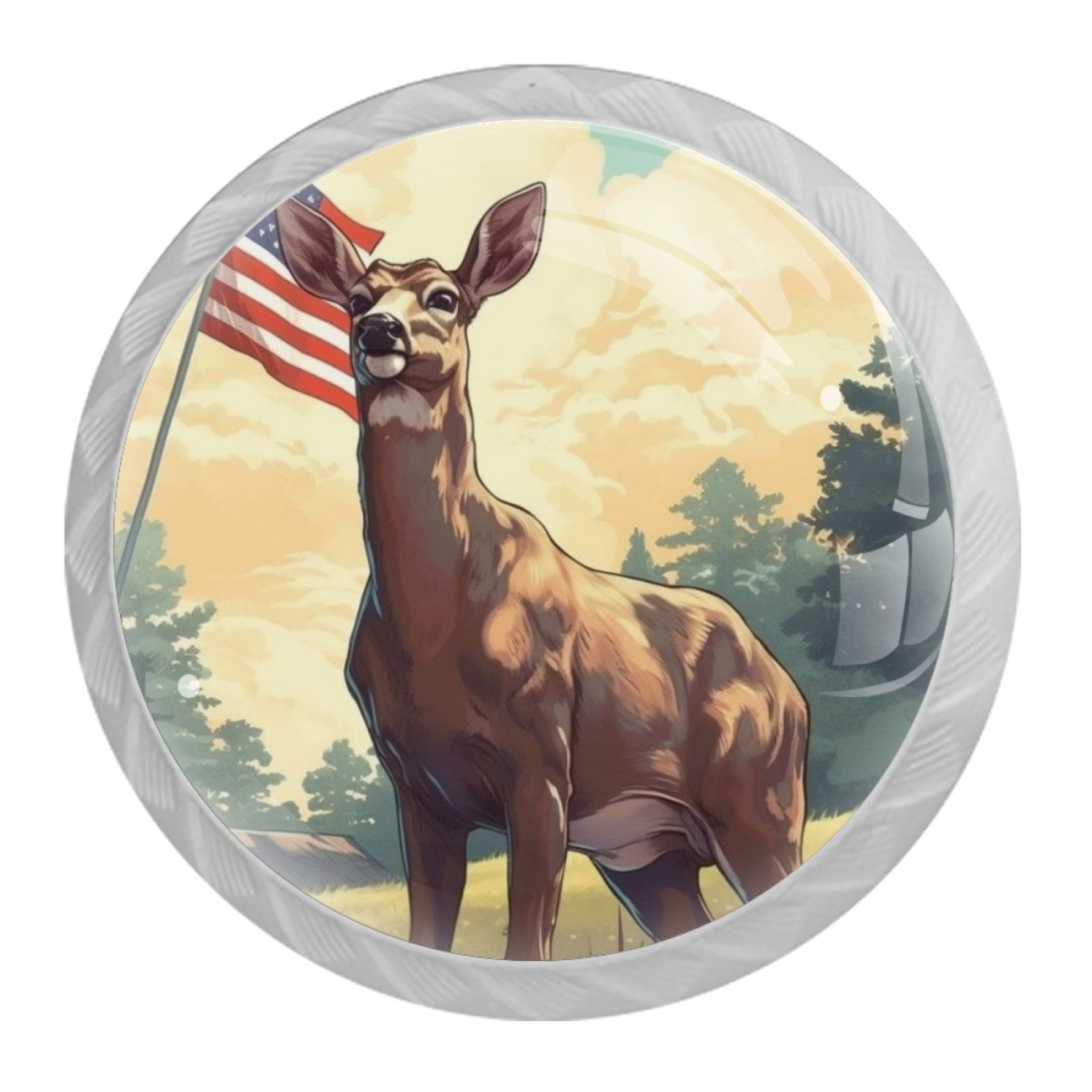4 Pcs Deer and American Flag Knobs for Kitchen Cabinet Cupboard Dresser Bookcase Drawer Pulls Handles Round Home Decor