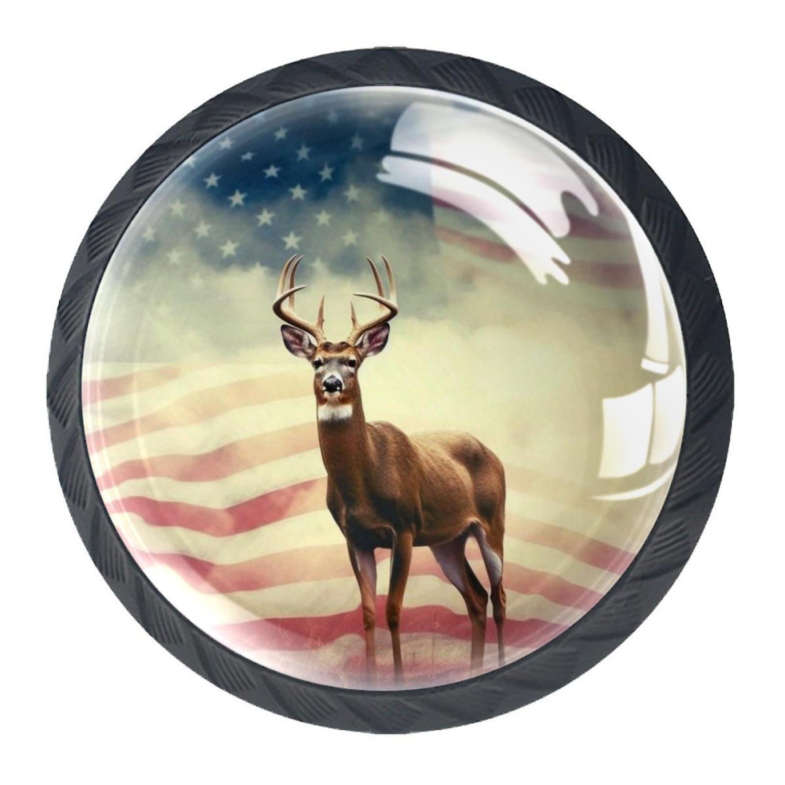 4 Pcs Deer and American Flag Knobs for Kitchen Cabinet Cupboard Dresser Bookcase Drawer Pulls Handles Round Home Decor