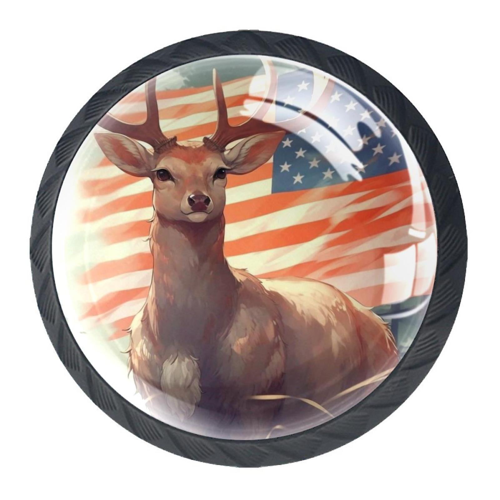 4 Pcs Deer and American Flag Knobs for Kitchen Cabinet Cupboard Dresser Bookcase Drawer Pulls Handles Round Home Decor