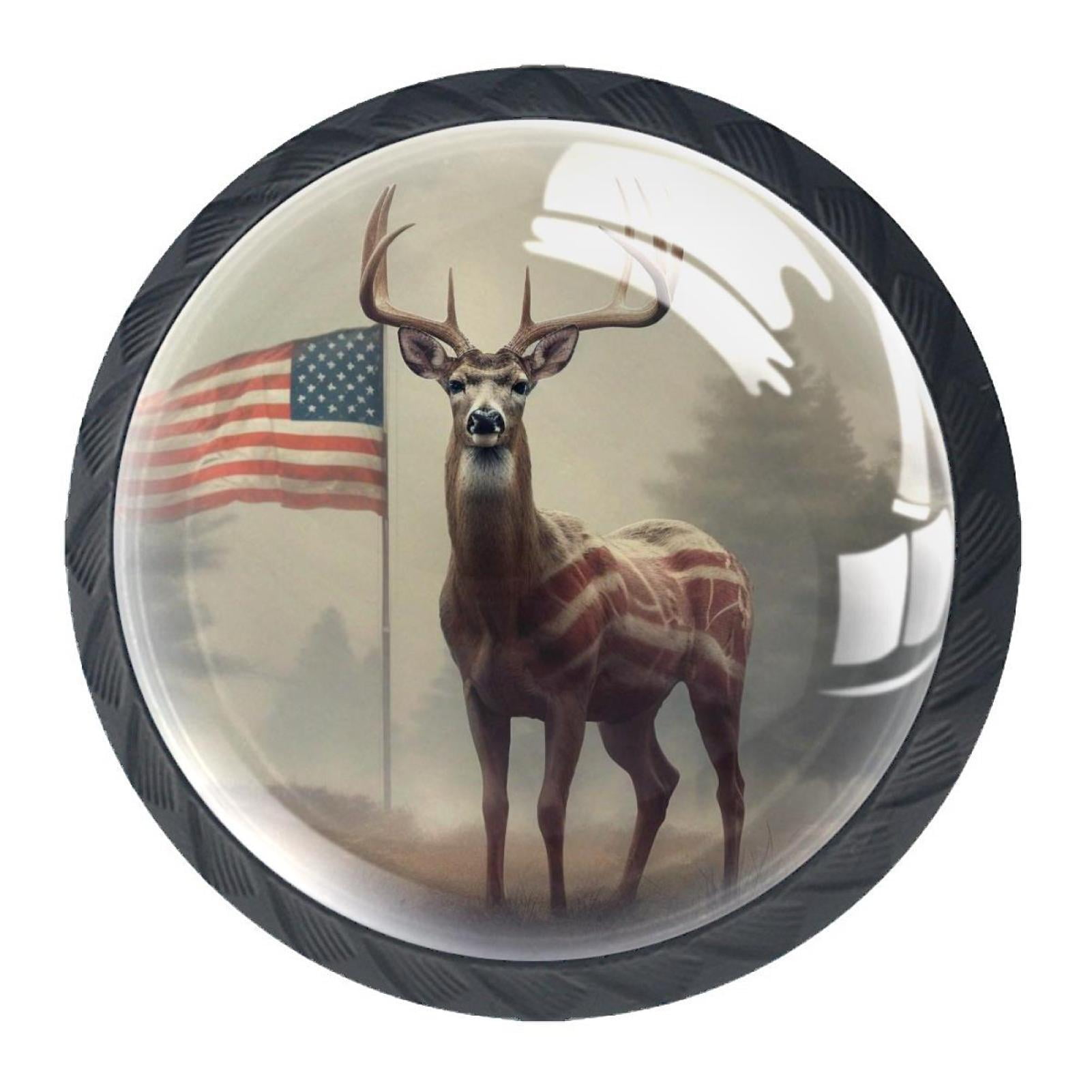 4 Pcs Deer and American Flag Knobs for Kitchen Cabinet Cupboard Dresser Bookcase Drawer Pulls Handles Round Home Decor