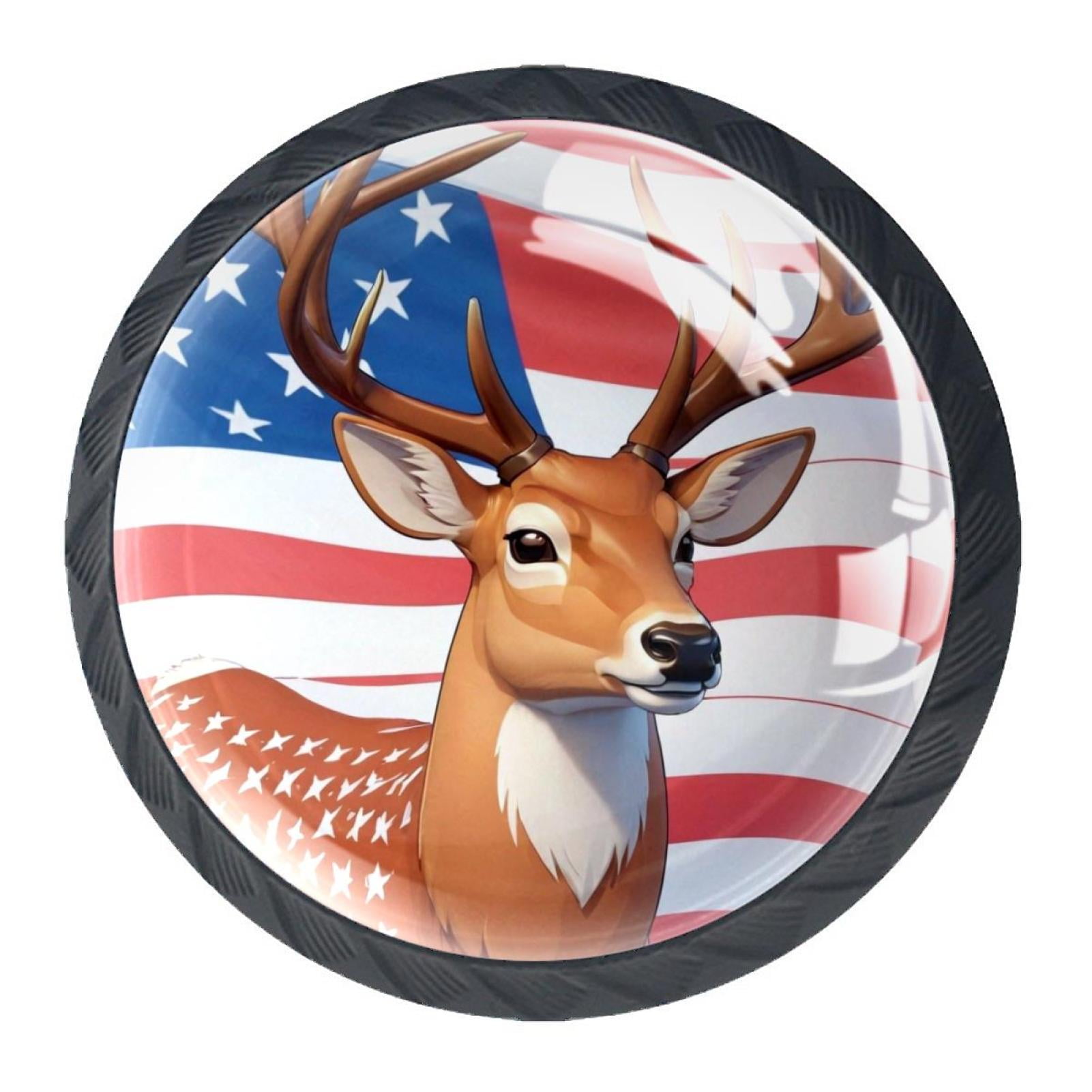 4 Pcs Deer and American Flag Knobs for Kitchen Cabinet Cupboard Dresser Bookcase Drawer Pulls Handles Round Home Decor