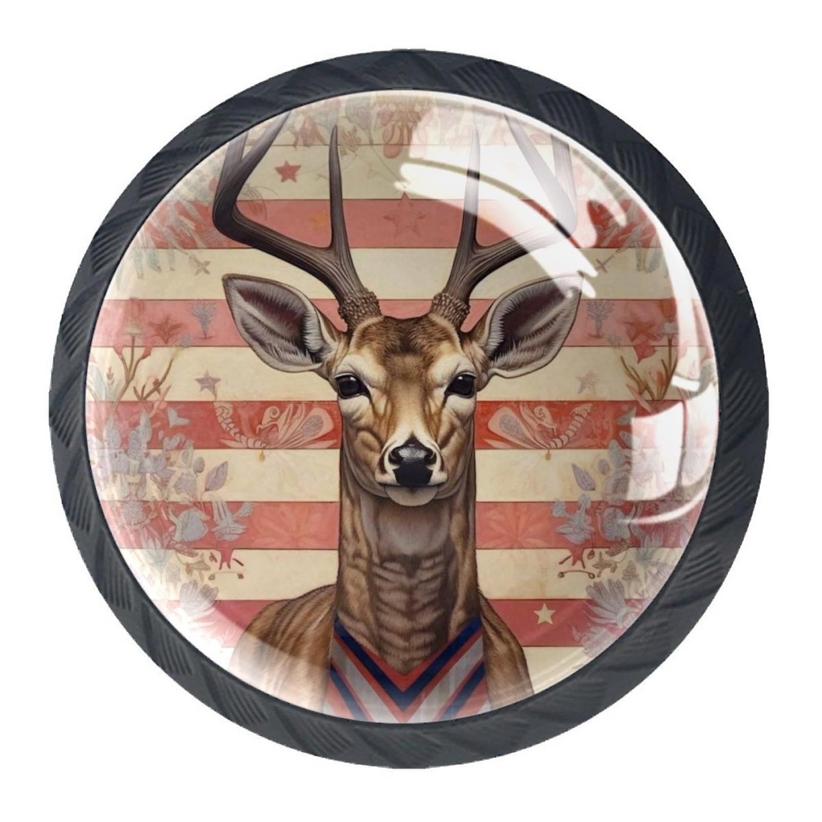 4 Pcs Deer and Flag Knobs for Kitchen Cabinet Cupboard Dresser Bookcase Drawer Pulls Handles Round Home Decor