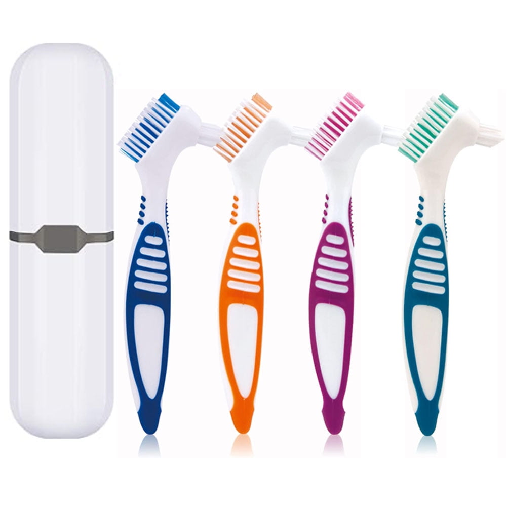 4 Pcs Denture Brush with Portable Case, Denture Brush Dual Head Hygiene Denture Cleaner Rubber Handle Reusable Touch Soft Toothbrush Cleaning Brush for False Teeth Cleaning with Carrying Case