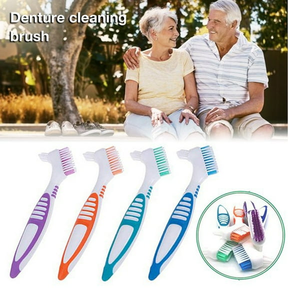 4 Pcs Denture Cleaning Brushes - Double Side Hygiene Denture Cleaner Set for Denture Care- Top Denture Cleanser Tool w/ Multi-Layered Bristles & Rubber Handle