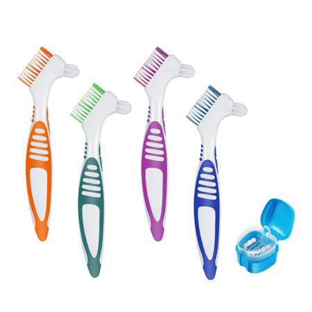 4 Pcs Denture Toothbrushes with Denture Retainer Bath with Lid, Double Sided Denture Brushes 4 Assorted Colors Denture Kit