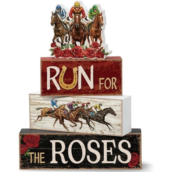 4 Pcs Derby Day Horse Table Decorations Horse Racing Centerpieces Vintage Run for the Roses Wooden Tiered Sign Decor for Derby Shelf Office Desk Holiday Party Supplies Gift