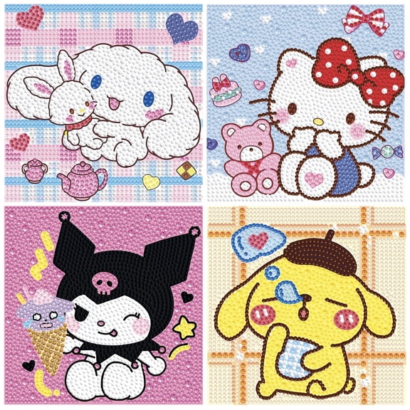 4 Pcs Diamond Art Kits for Sanrio , Cartoon Diamond Painting Mosaic Kits for Girls and Boys, Full Drill Crystal Art Kits for Home Wall Decor, 6" x 6" Anime Themed DIY Craft Gifts