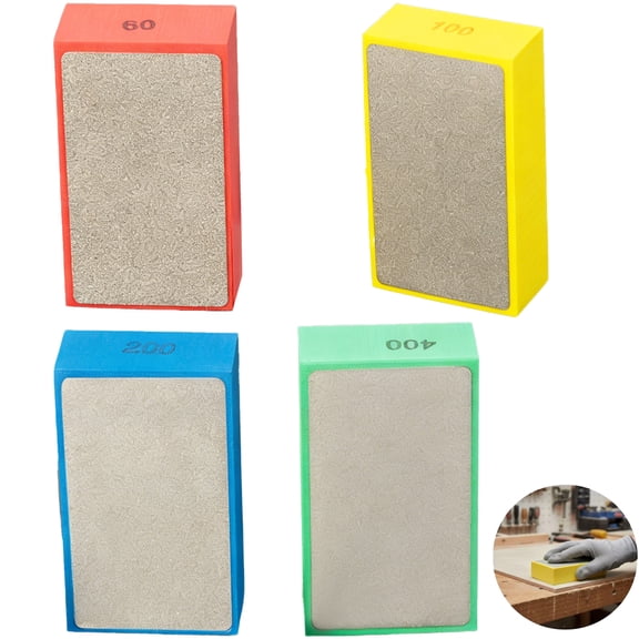 4 Pcs Diamond Hand Polishing Pads Set, Includes 60/100/200/400 Grit, Tile Polishing Pad for Glass, Concrete Sanding Blocks, Handheld Design, 3.7 x 2.3 x 1.2 in
