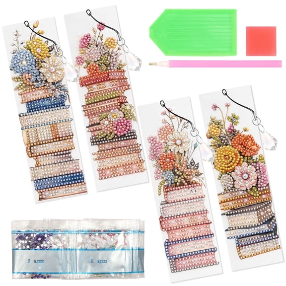 4 Pcs Diamond Painting Bookmark Kit, DIY Diamond Art Bookmark Set with Pendants & Tools, Ideal Gifts for Book Lovers