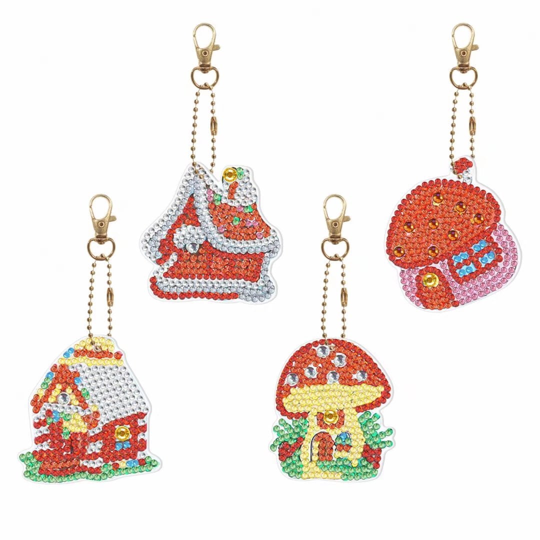 4 Pcs Diamond Painting Keychain , 5D Mushroom House Diy Diamond Pendant ...