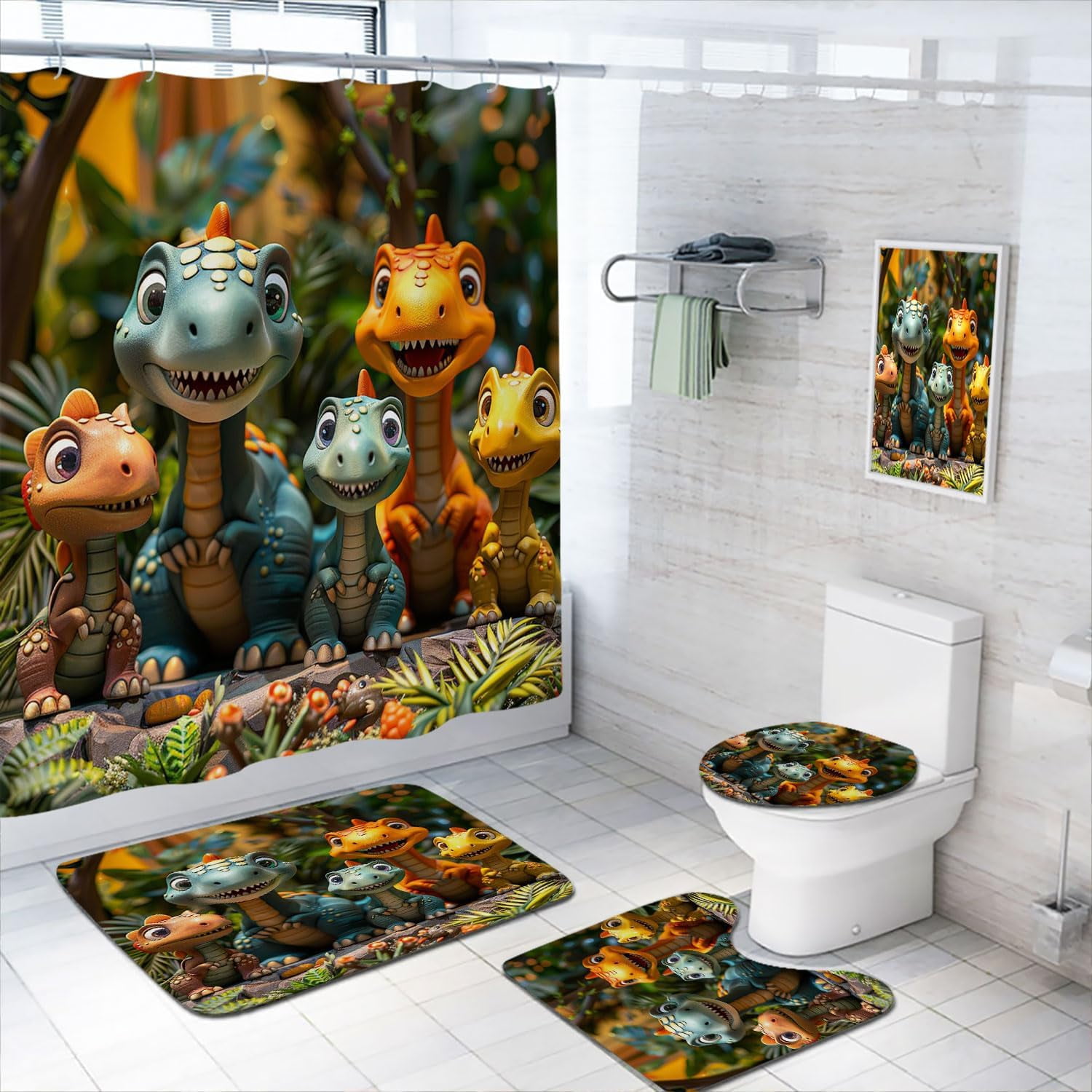 4 Pcs Dinosaur Bathroom Shower Curtain Set with Rug, Toilet Lid Cover and Bath Mat, Jurassic Nature Dinosaurs Anicient Animals Bathroom Shower Curtain with 12 Hooks Accessories Decorative