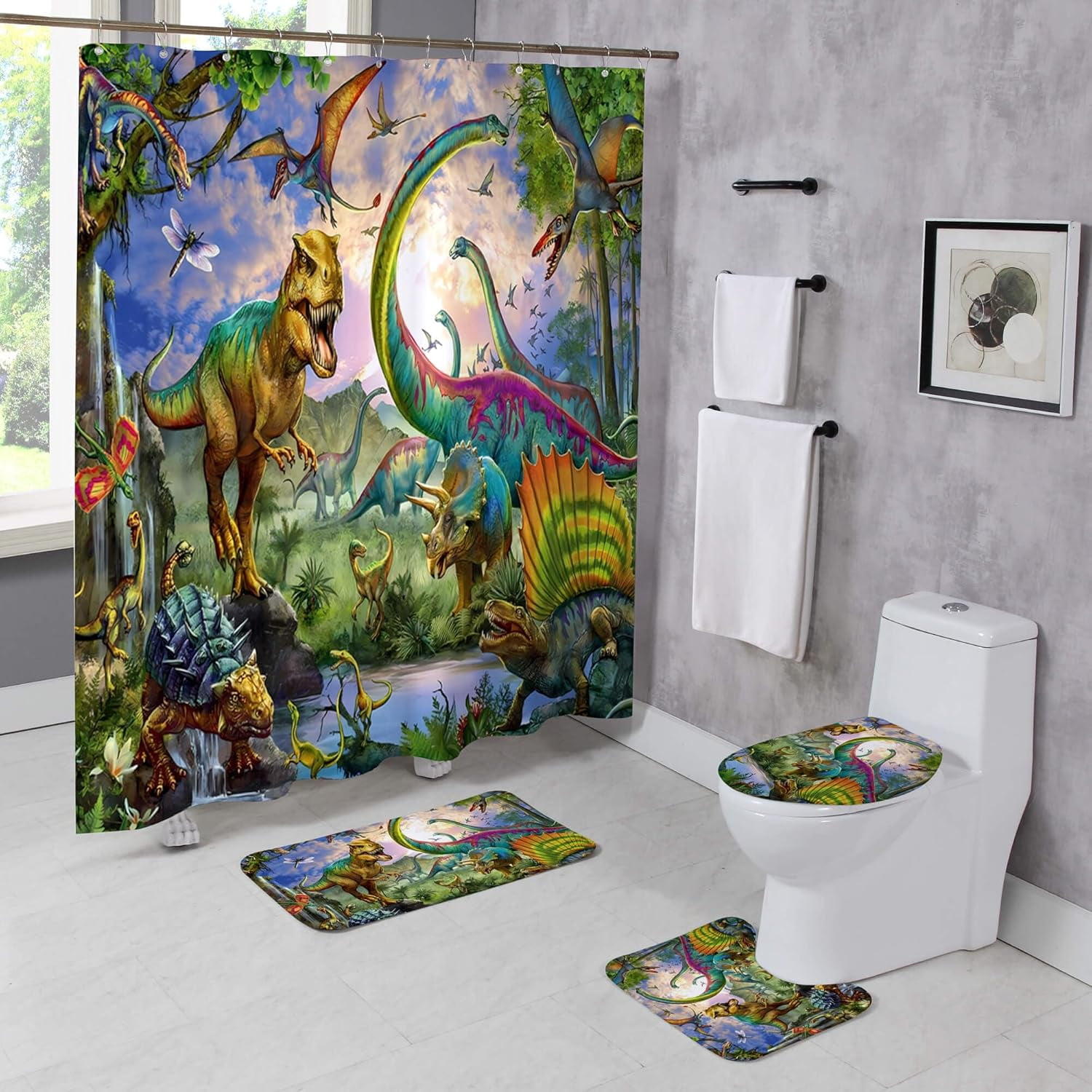 4 Pcs Dinosaur Shower Curtain Sets with Rugs Jungle Safari Bathroom