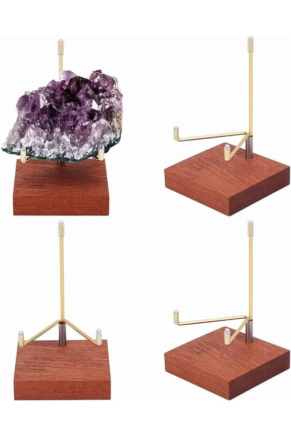 4 Pcs Display Stand Easel Stand with Adjustable Metal Arms and Wooden Base for Rock Geodes Mineral Gemstones Fossils Agate 2.76x2.76x4.57inch