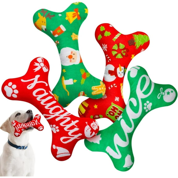 4 Pcs Dog Christmas Toy for Small Medium and Large Breeds, Soft Cotton Filled Squeaky Play, Cute Bone Shape Plush Toys, Xmas Party Gifts