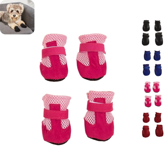 4 Pcs Dog Mesh Shoes, Breathable Pet Booties with Adjustable Strap, Anti‑Slip Paw Protector for Small Dogs Pink L