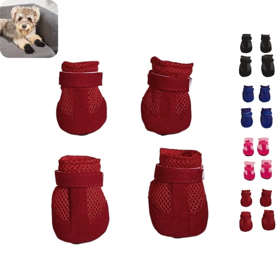 4 Pcs Dog Mesh Shoes, Breathable Pet Booties with Adjustable Strap, Anti‑Slip Paw Protector for Small Dogs Red L