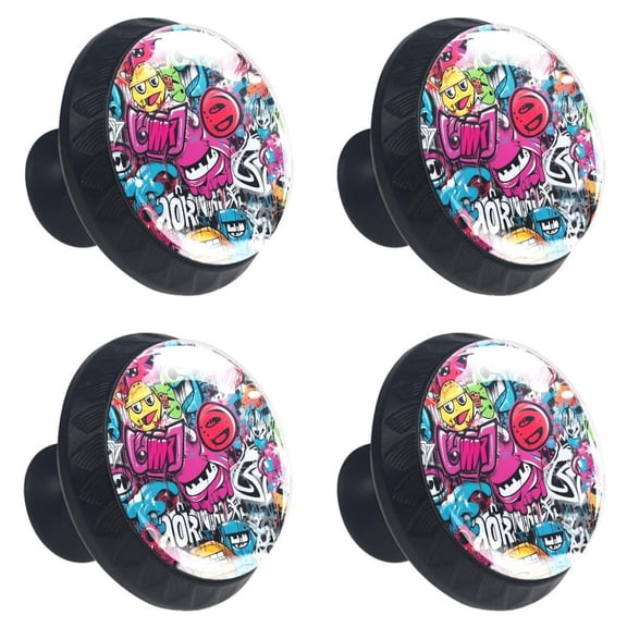 4 Pcs Doodles Art Painted Print Cabinet Knobs 30mm Round Crystal Glass Drawer Handles Pulls with Screws for Kitchen Cupboard Wardrobe Closet Dresser, Home&Office