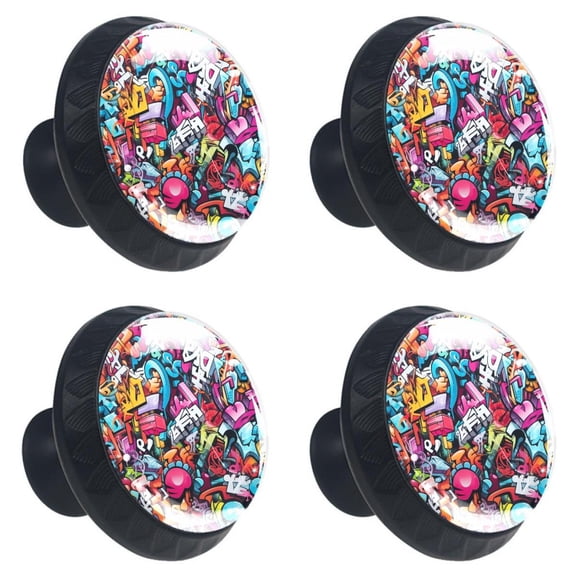 4 Pcs Doodles Art Painted Print Cabinet Knobs 30mm Round Crystal Glass Drawer Handles Pulls with Screws for Kitchen Cupboard Wardrobe Closet Dresser, Home&Office