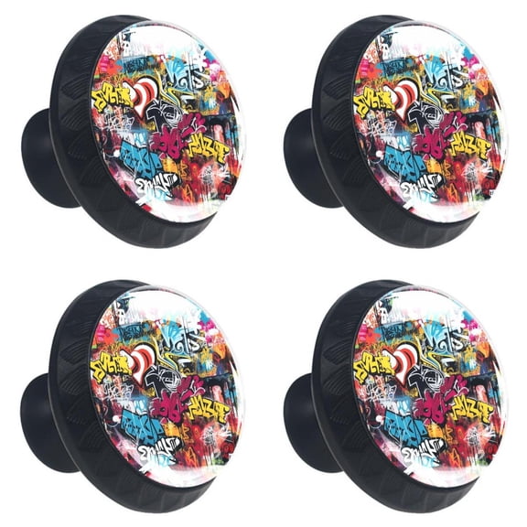 4 Pcs Doodles Art Painted Print Cabinet Knobs 30mm Round Crystal Glass Drawer Handles Pulls with Screws for Kitchen Cupboard Wardrobe Closet Dresser, Home&Office