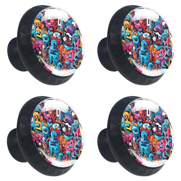 4 Pcs Doodles Art Painted Print Cabinet Knobs 30mm Round Crystal Glass Drawer Handles Pulls with Screws for Kitchen Cupboard Wardrobe Closet Dresser, Home&Office