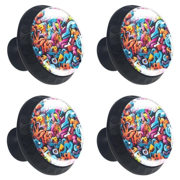 4 Pcs Doodles Art Painted Print Cabinet Knobs 30mm Round Crystal Glass Drawer Handles Pulls with Screws for Kitchen Cupboard Wardrobe Closet Dresser, Home&Office