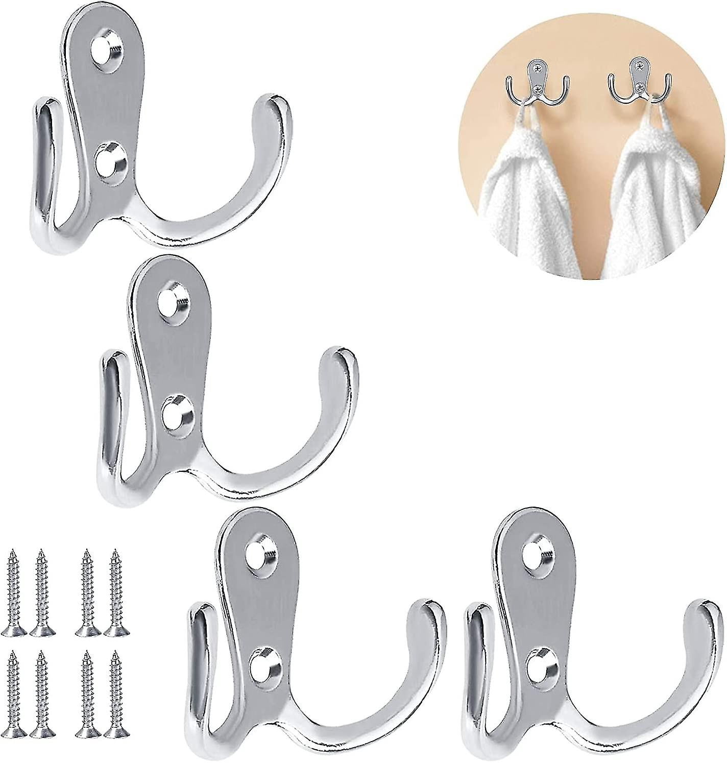 4 Pcs Double Prong Robe Hooks, Metal Door Hooks Cloth Hanger With Screws Hanging Clothes Robe Towel For Bathroom Bedroom Door Wall Double Coat Hooks
