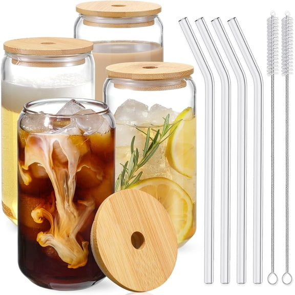 4 Pcs Drinking Glasses with Bamboo Lids and Glass Straws, 16oz Glass Cups for Iced Coffee Iced Tea Beer, Cute Bar Glasses with Cleaning Brushes, Aesthetic Gift Set