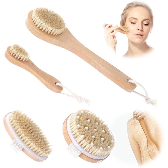 4 Pack Body Brush Set for Lymphatic Drainage and Exfoliation, Natural Bristle Shower Brushes for Smooth Skin Care