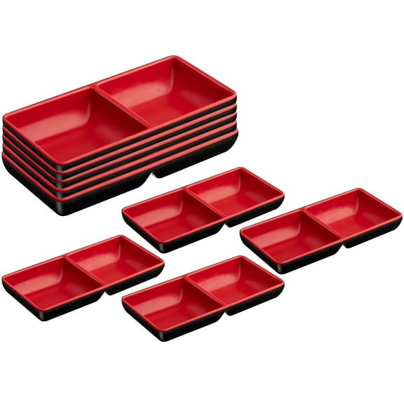 4 Pcs Dual Dipping Sauce Bowls Soy Sauce Dish Bowls 2 Compartments Appetizer Serving Tray Divided Fondue Plates for Restaurant Kitchen Sushi Soy, Red and Black
