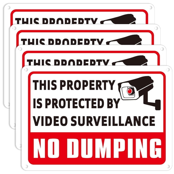 4 Pcs No Dumping Signs Private Property 10 x 7 Inch Reflective Aluminum No Dumping Video Surveillance Sign UV Protected and Weatherproof for Indoor or Outdoor Use, Red, Black and White