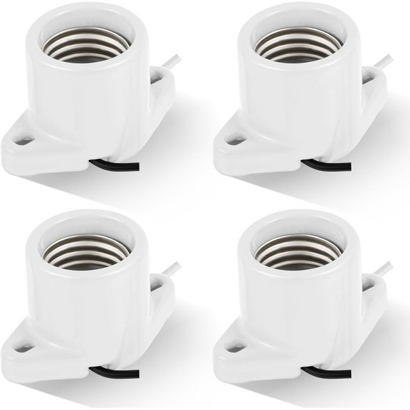 4 Pcs E26 Light Socket Medium Base Porcelain Lamp Holder Keyless Cleat Bulb Socket with Two Hole Flanged Mounting with 6" Leads for Home Room Garage Closet Indoor Outdoor Lighting