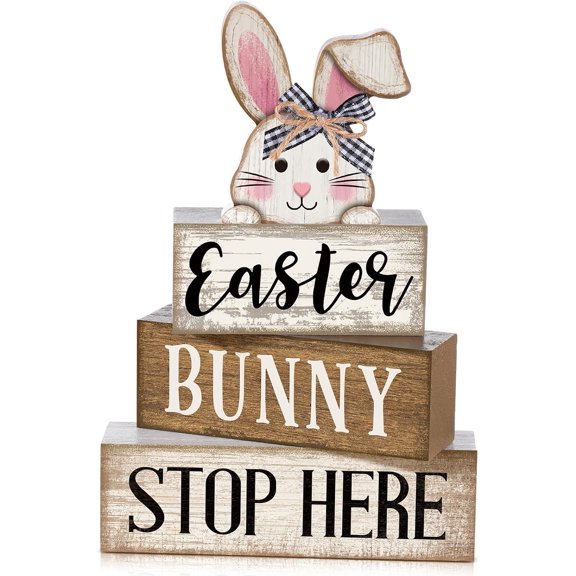 4 Pcs Easter Bunny Table Decoration Stacked Wooden Bunny Block Decor 3-tier Tabletop Sign with 3D Rabbit, Rustic Farmhouse Easter Decorations for Home Egg Hunt Party Centerpiece Gift