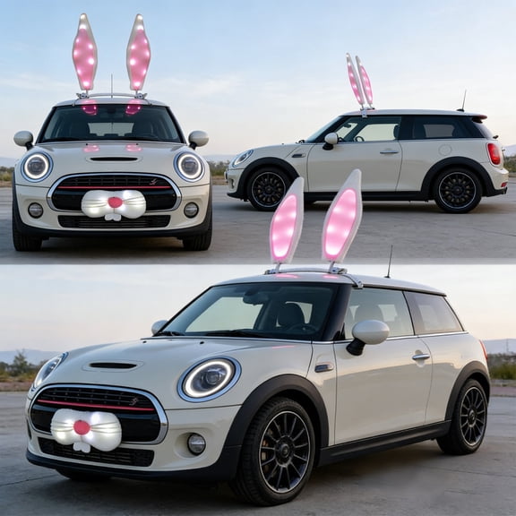 4 Pcs Easter Car Decor Kit, Bunny Ears Nose Tail with LED Light, Vehicle Holiday Accessory Set, Spring Auto Ornament, White Pink Nylon