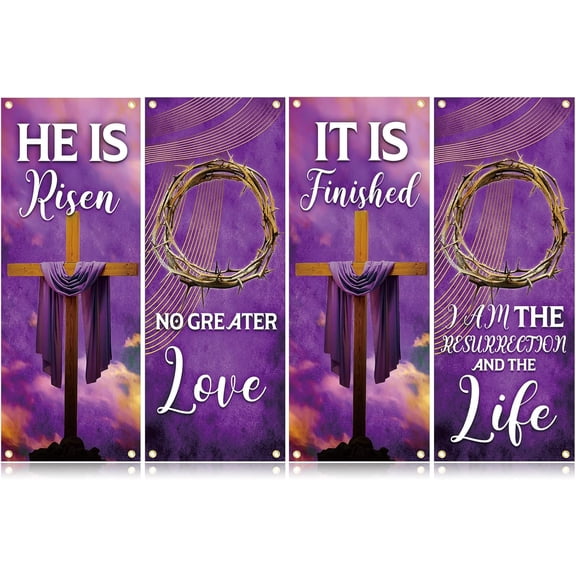 4 Pcs Easter Church Banners with Scripture, Easter Purple Crown of Thorns Religious Banner for Sanctuary Wall Christian Praise Worship Bible Signs for Church Event Decor