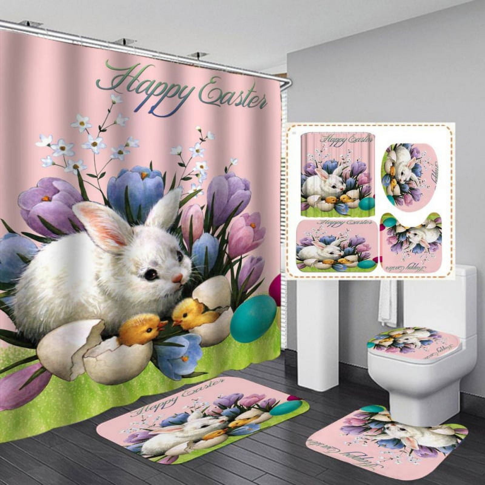 4 Pcs Easter Shower Curtain Set with NonSlip Rug, Toilet Lid Cover and