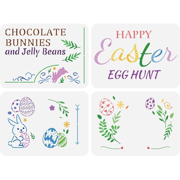 4 Pcs Easter Stencils 11.7x8.3 inch Happy Easter Stencil Plastic Bunny Flowers Eggs Leaves Pattern Painting Stencil Reusable Easter Egg Hunt Stencil for Holiday Decor 1set