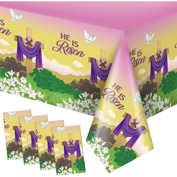 4 Pcs Easter Table Cloth 54 x 108 Rectangle Religious He is Risen Tablecloth Easter Plastic Table Cover for Party Favors Home Picnic Dinner