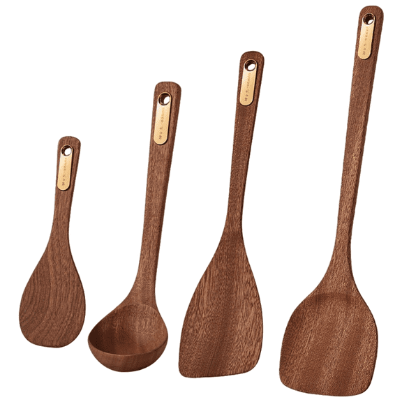 4 Pcs Ebony Wood Utensil Set with Gold Foil Detail, Including Soup Ladle, Wok, Frying, Rice Spatulas, Non-Stick, Heat Resistant Cooking Utensils for Kitchen