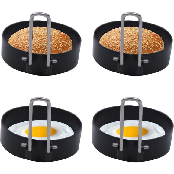4 Pcs Egg Rings, Large 3" Round Crumpet Sandwich Pancake Burger Shaper, Portable Grill Accessories Cooking Griddle for Camping Breakfast Black